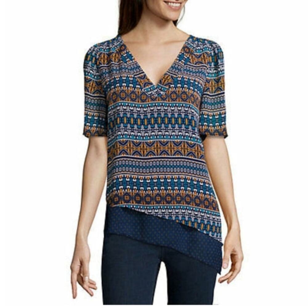 Stylus Womens Shirt Blouse Asymmetrical Hem Printed V-Neck Layered Blue Sz XL